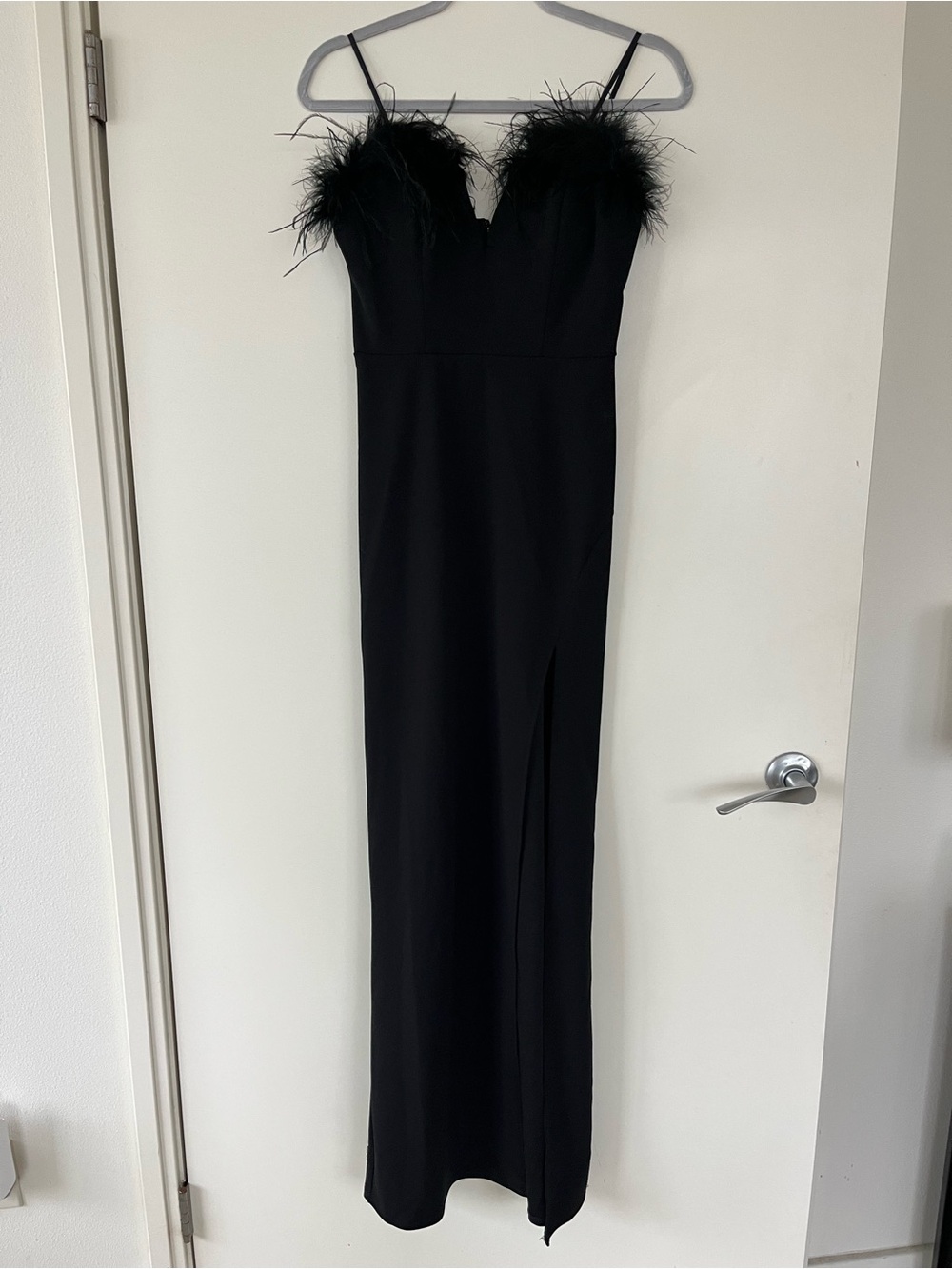 Speechless Black Feather-Trim Spaghetti Strap Evening Dress